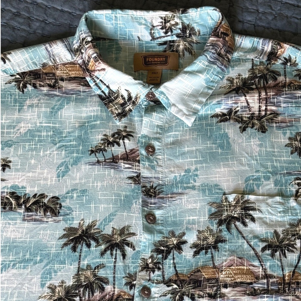 The Foundry Supply Co Men's 2XLT Hawaiian Shirt Aqua Tropical Palm Tree Rayon